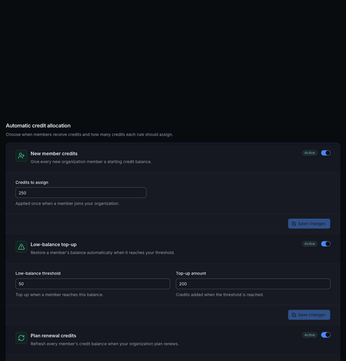 Automatic credit allocation page with new-member, low-balance, and plan-renewal rules enabled