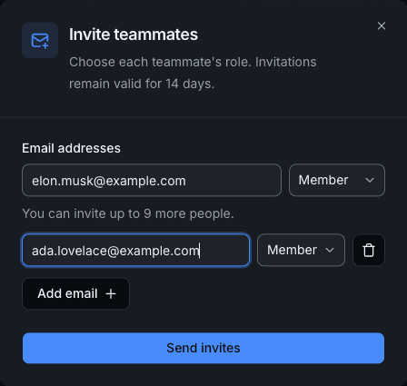 Invite teammates form with two example email addresses and a role selector for each invitation