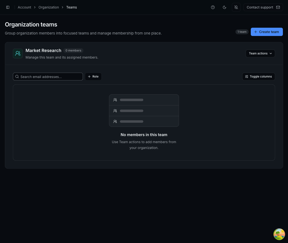 Organization Teams page showing a Market Research team and its empty member list