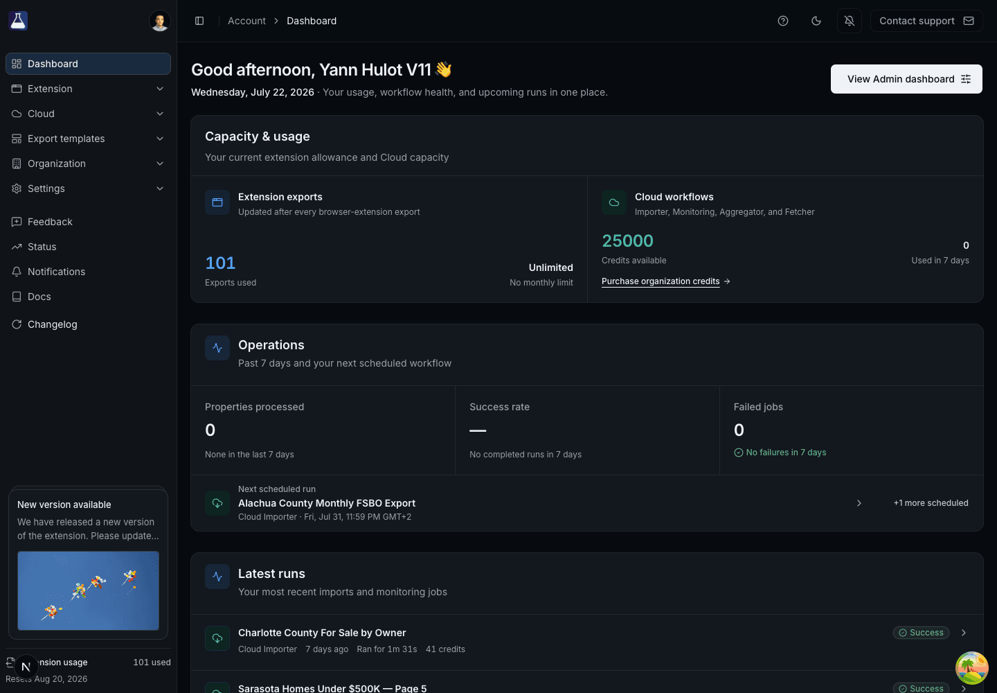 PropertyDataLabs dashboard for an organization on the legacy Team plan with the Admin dashboard button and organization credit allowance