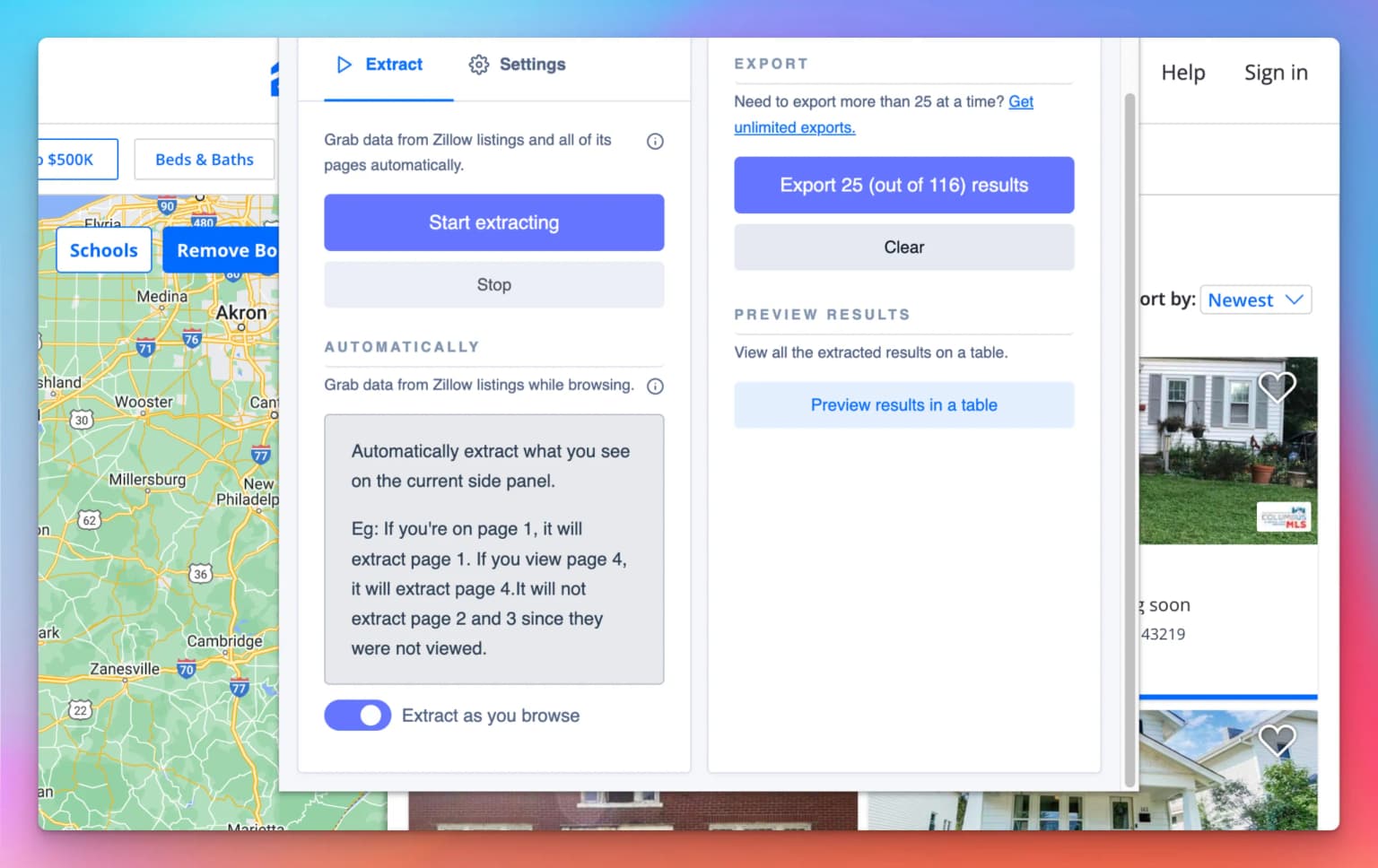 Export Zillow data to Excel extract while browsing preview