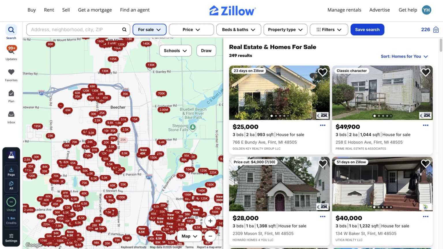 A filtered Zillow property search with the PropertyDataLabs toolbar open