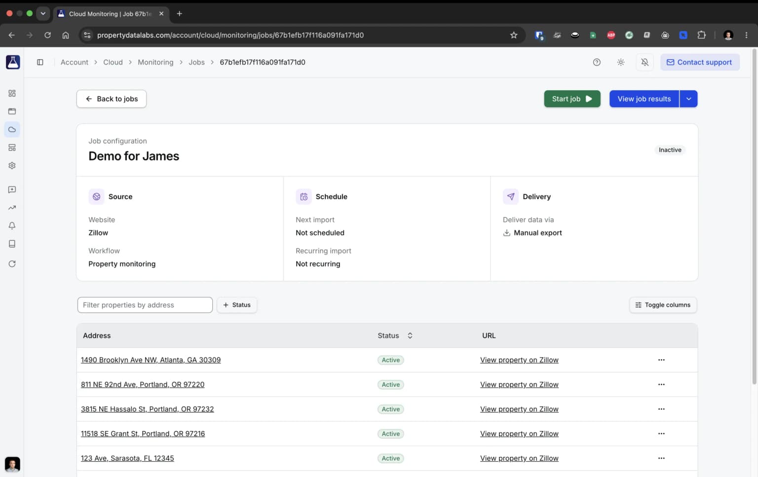 PropertyDataLabs Cloud Monitoring workspace showing tracked property jobs