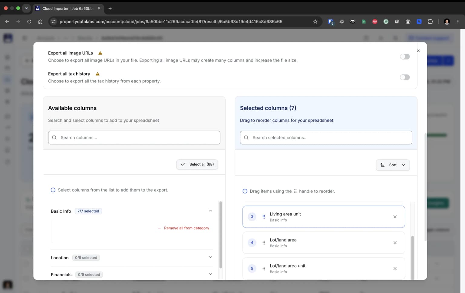 PropertyDataLabs export customization interface
