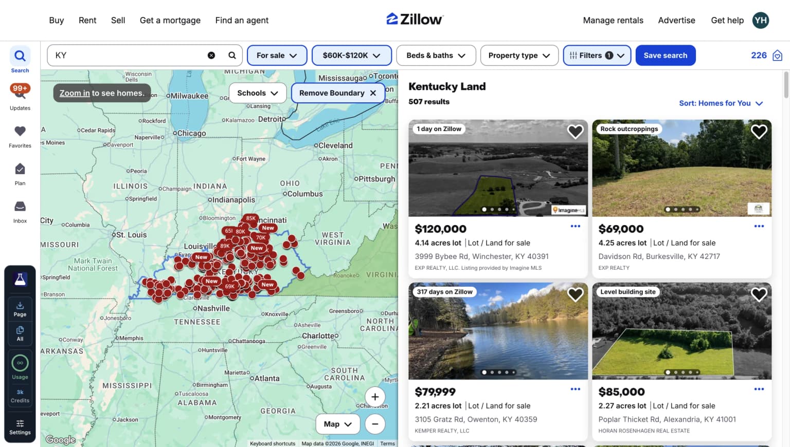 PropertyDataLabs extension exporting listings from a Zillow property search