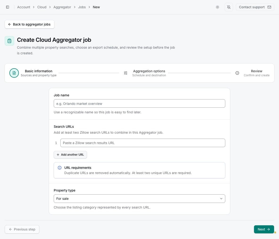Cloud Aggregator creation form for multiple Zillow search URLs
