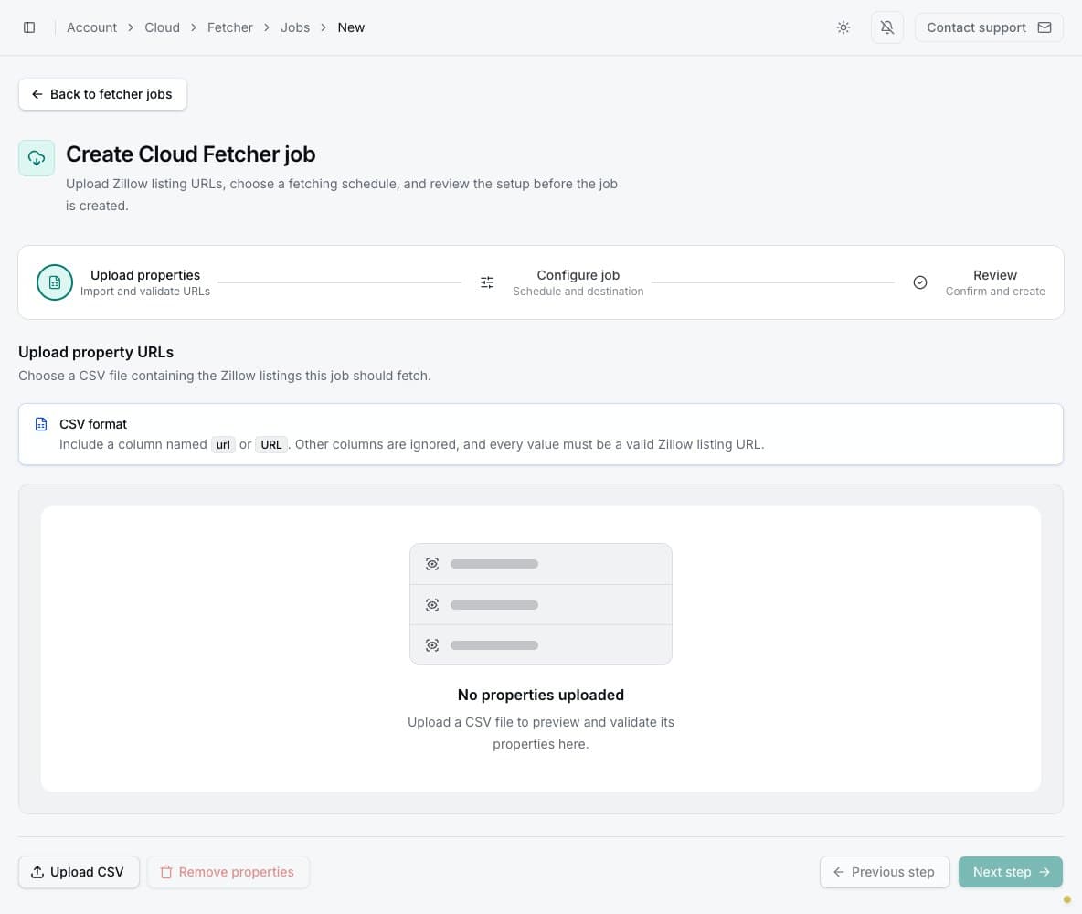Cloud Fetcher job creation and CSV upload requirements