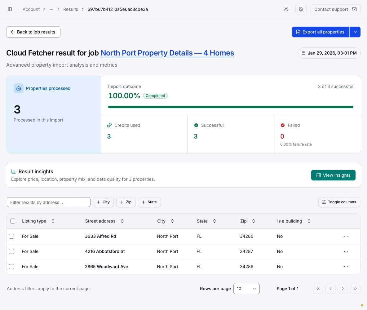 Completed Cloud Fetcher result with Advanced property metrics