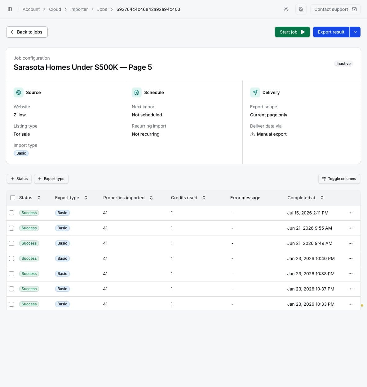 Cloud Importer job configuration and previous runs