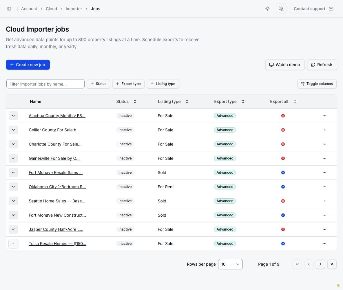 Cloud Importer jobs list