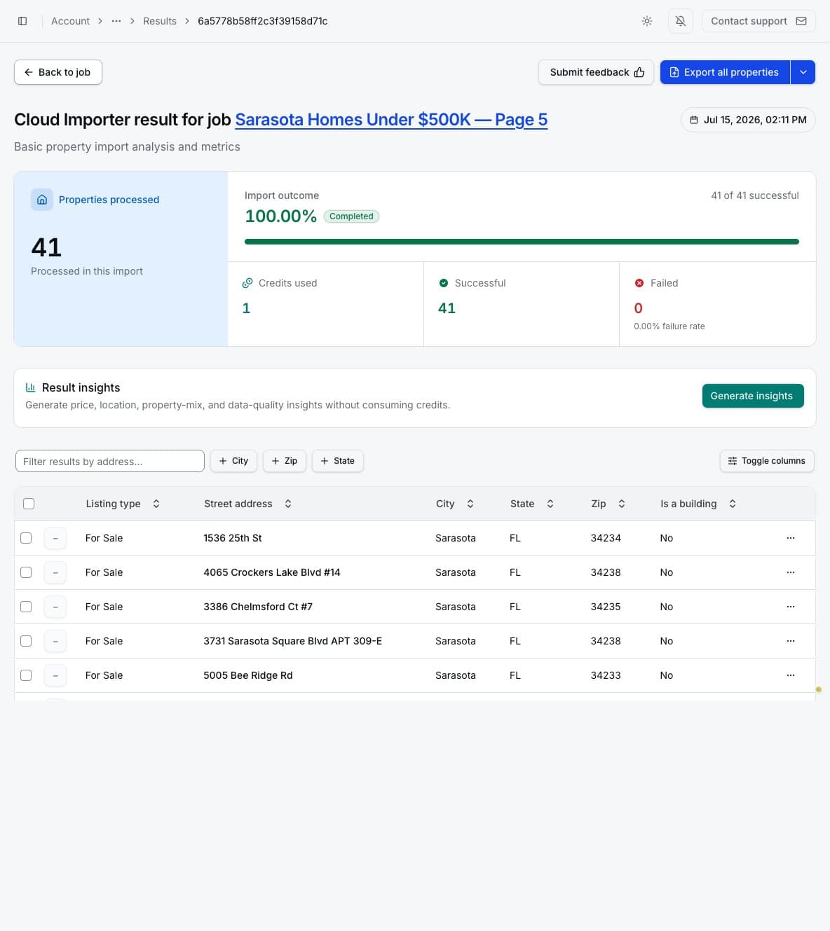 Completed Cloud Importer result with metrics and property rows