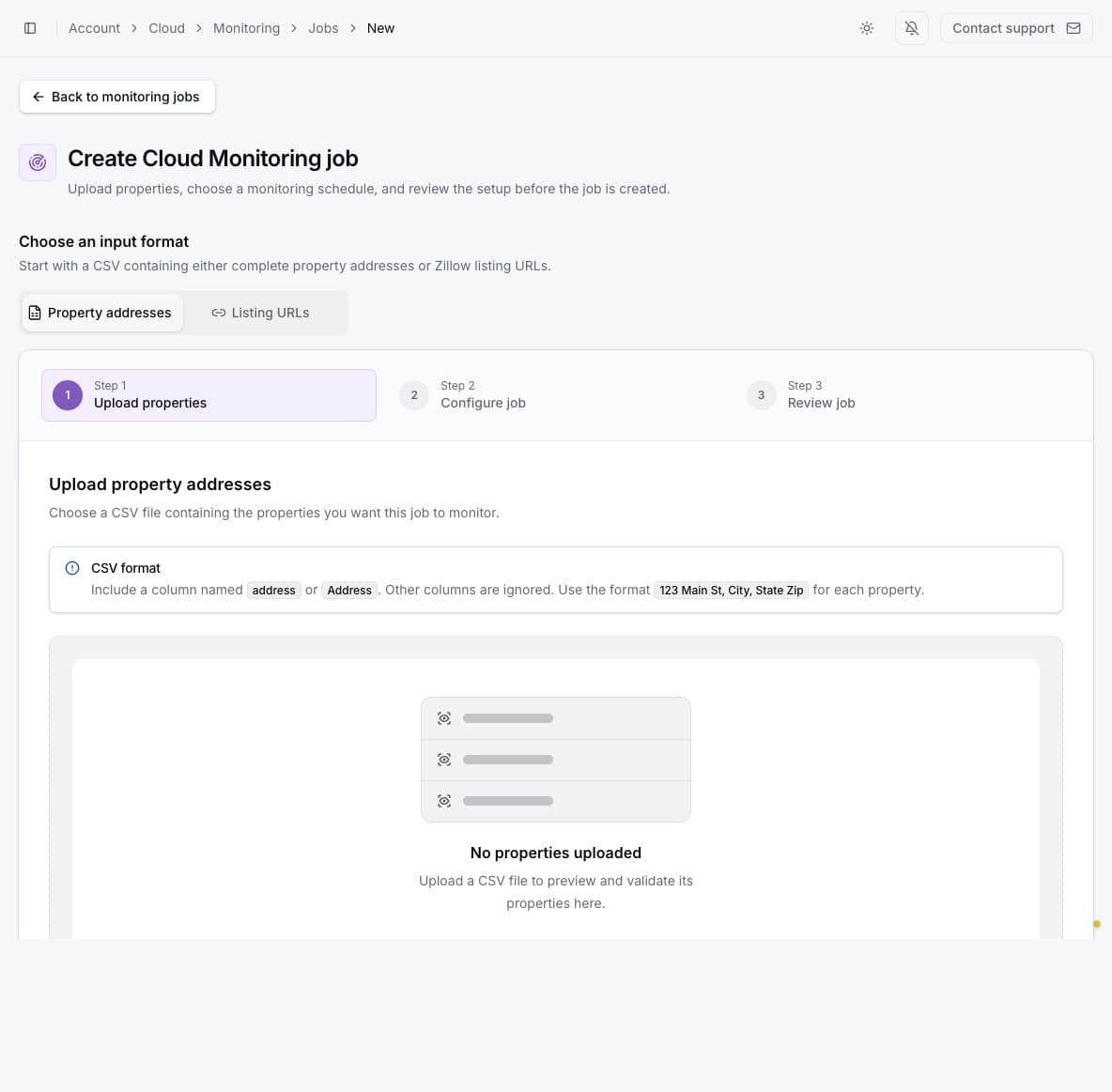 Cloud Monitoring job creation with address and listing URL input choices