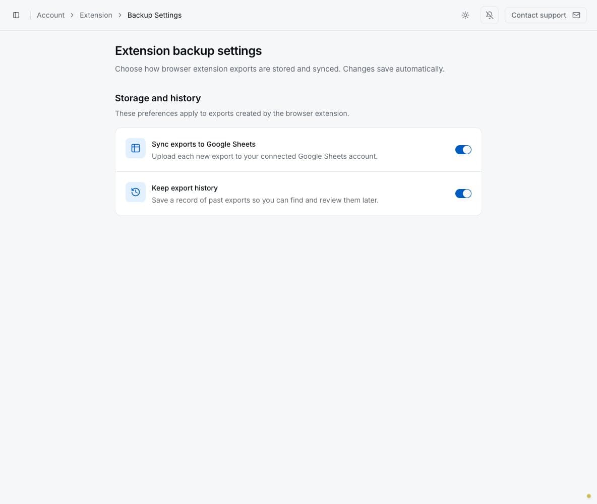 Extension backup settings in the PropertyDataLabs web app