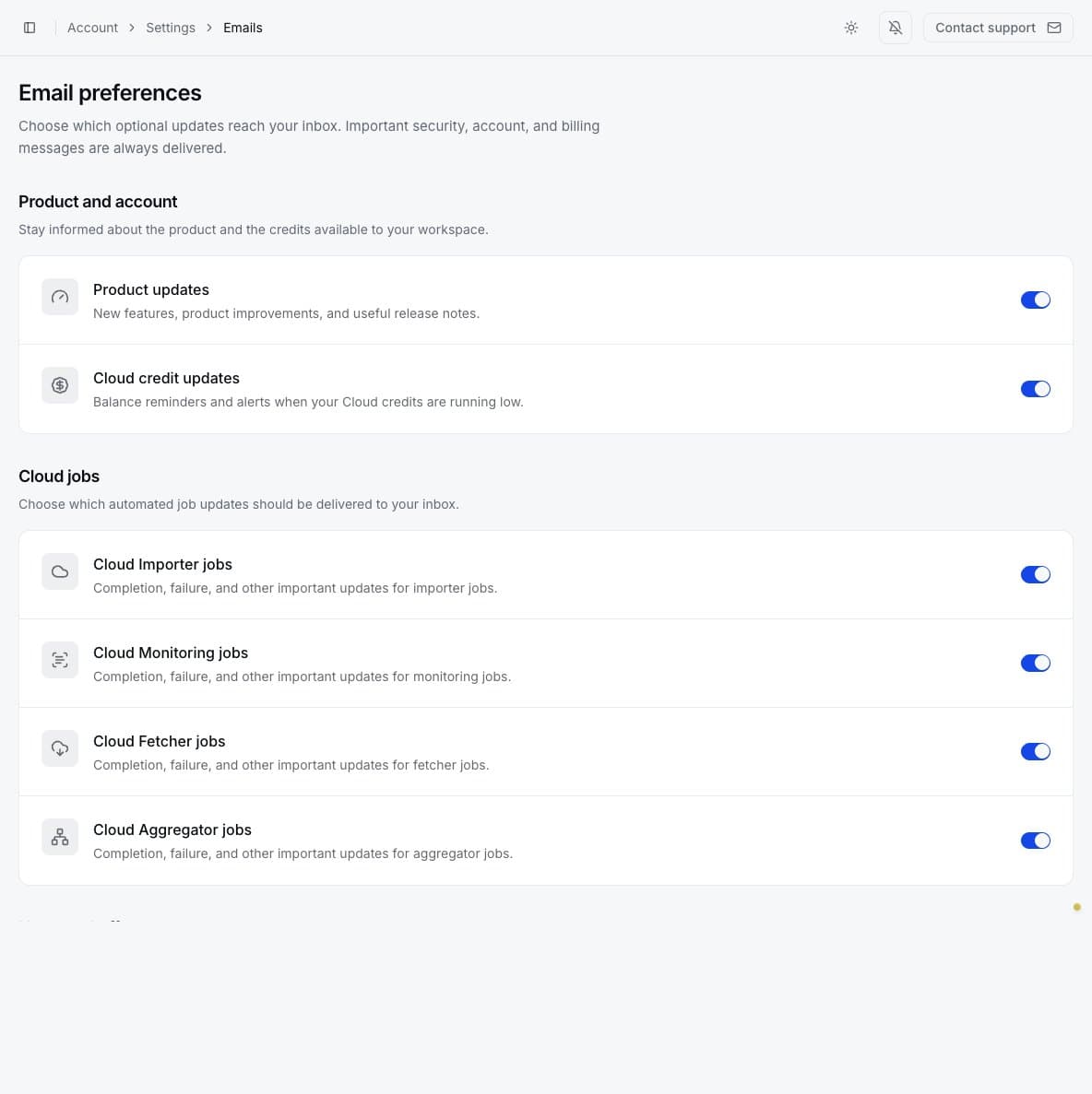 Email preference categories and Cloud job notification switches
