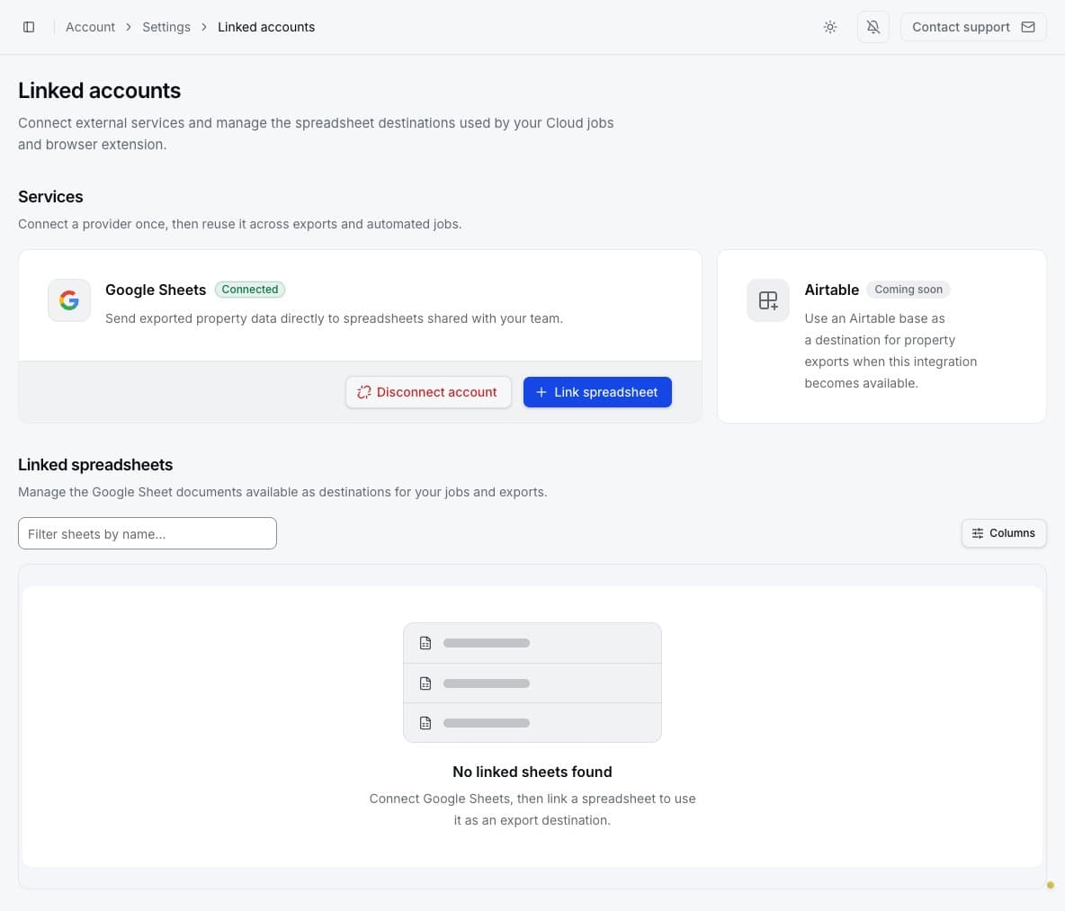 Linked accounts page showing Google Sheets and linked spreadsheet management