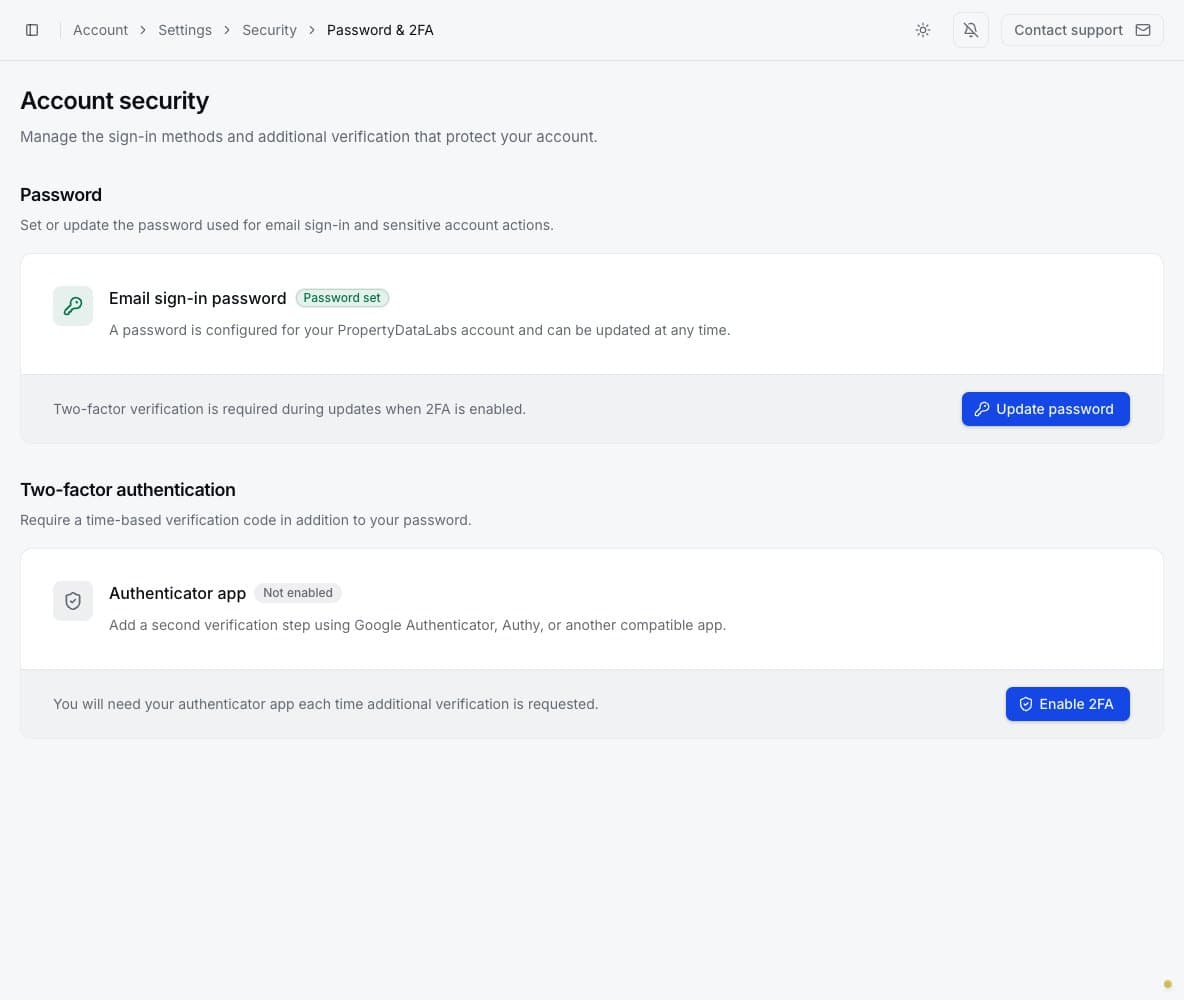 Account security settings for password and two-factor authentication