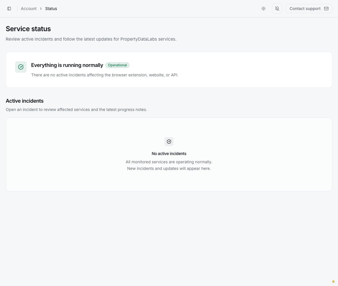 Service status page showing all monitored services operating normally