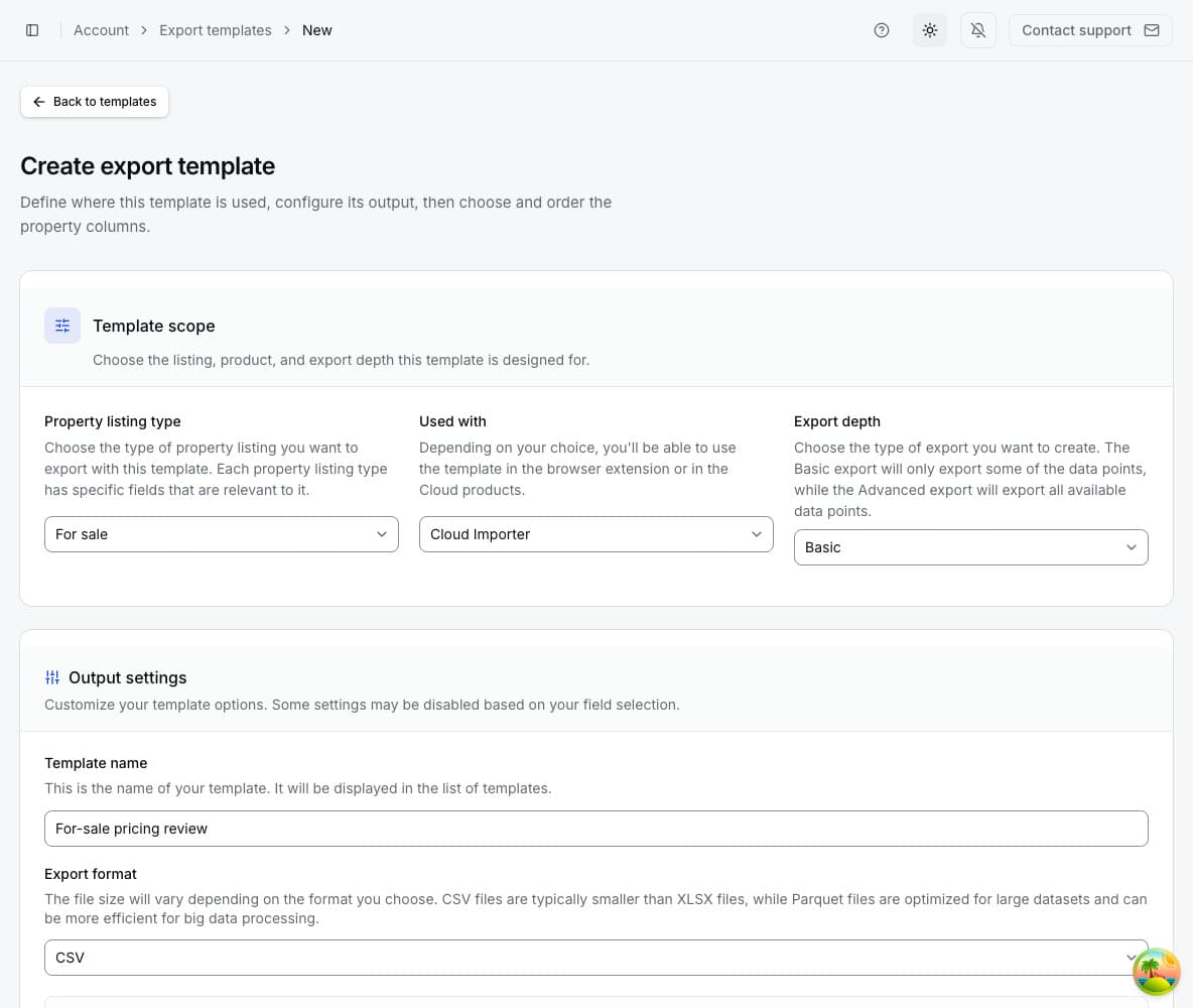 Create export template page with scope, output settings, and field selection