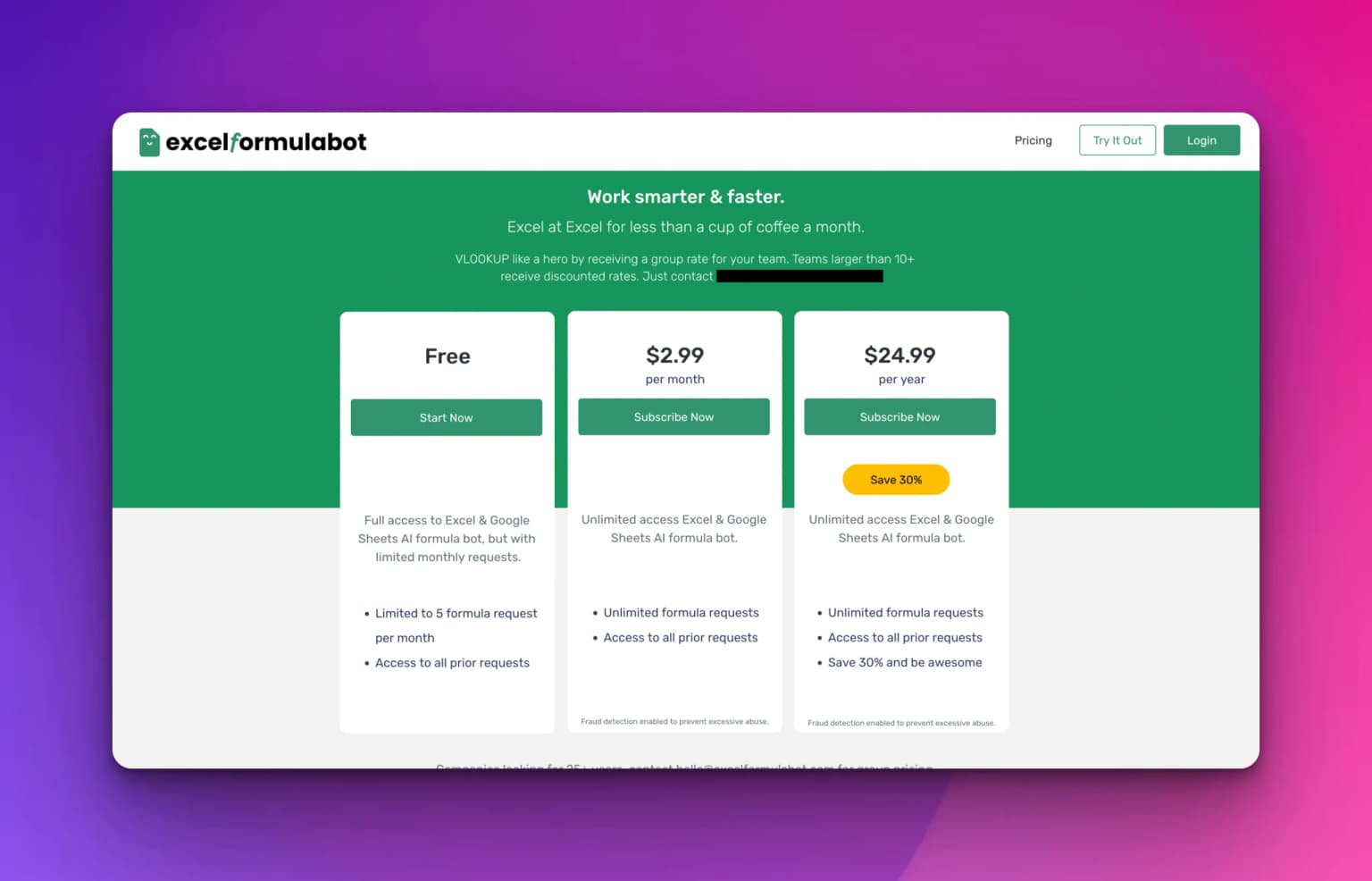 Excelformulabot's pricing page