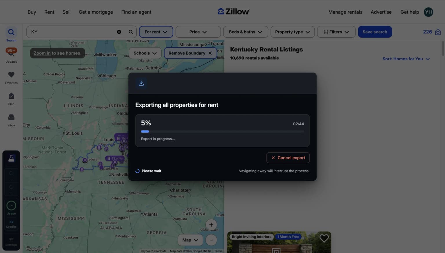 Zillow Data Exporter menu on the top right corner of the browser