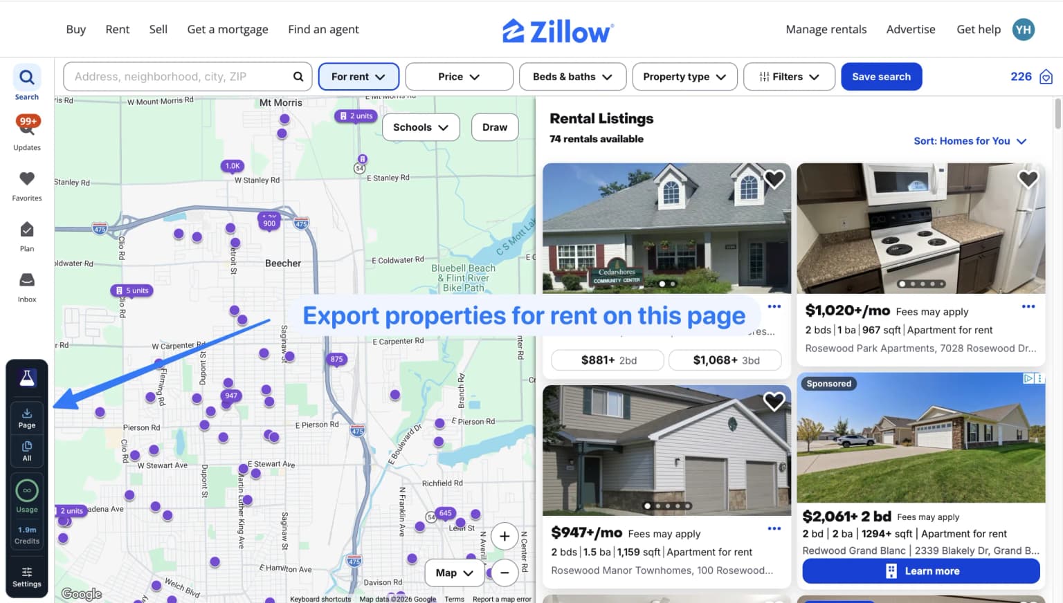 Export properties on this page button