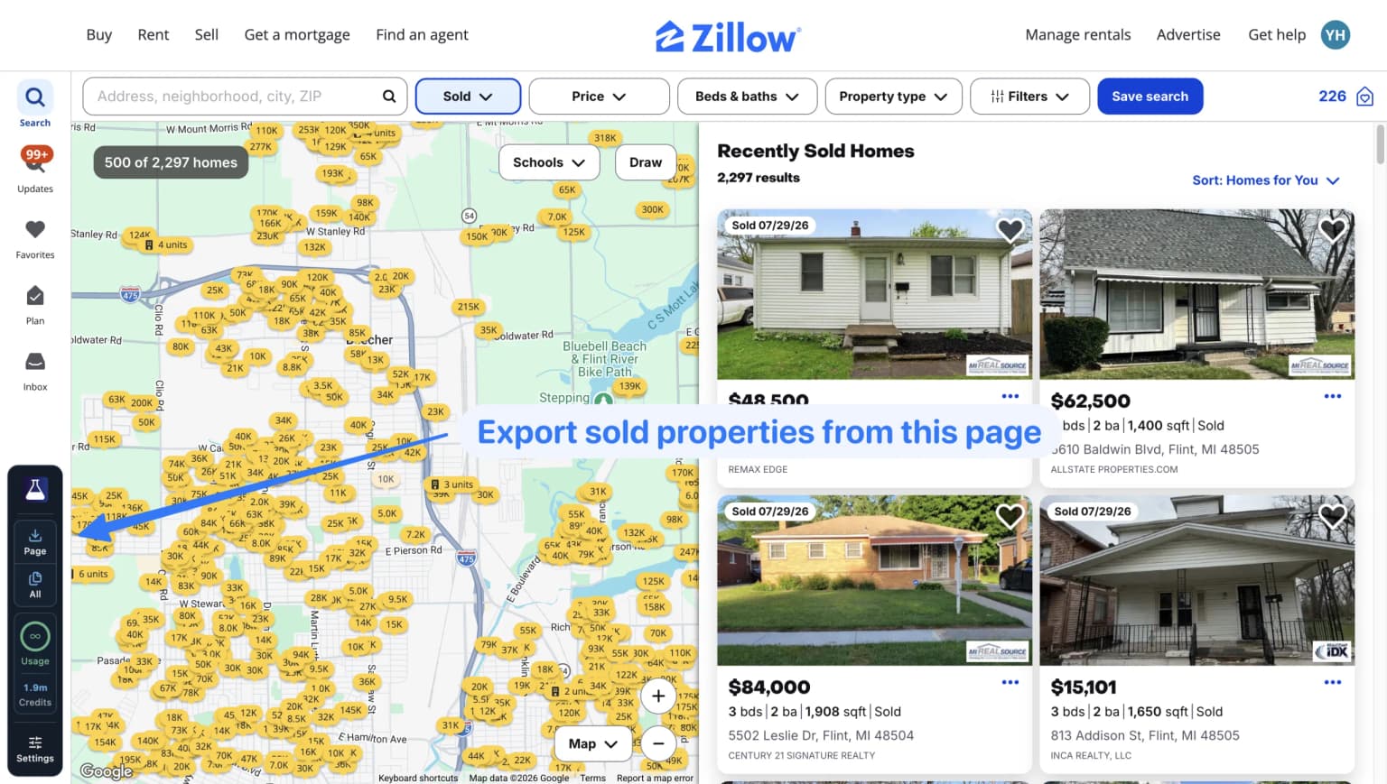 Export properties on this page button