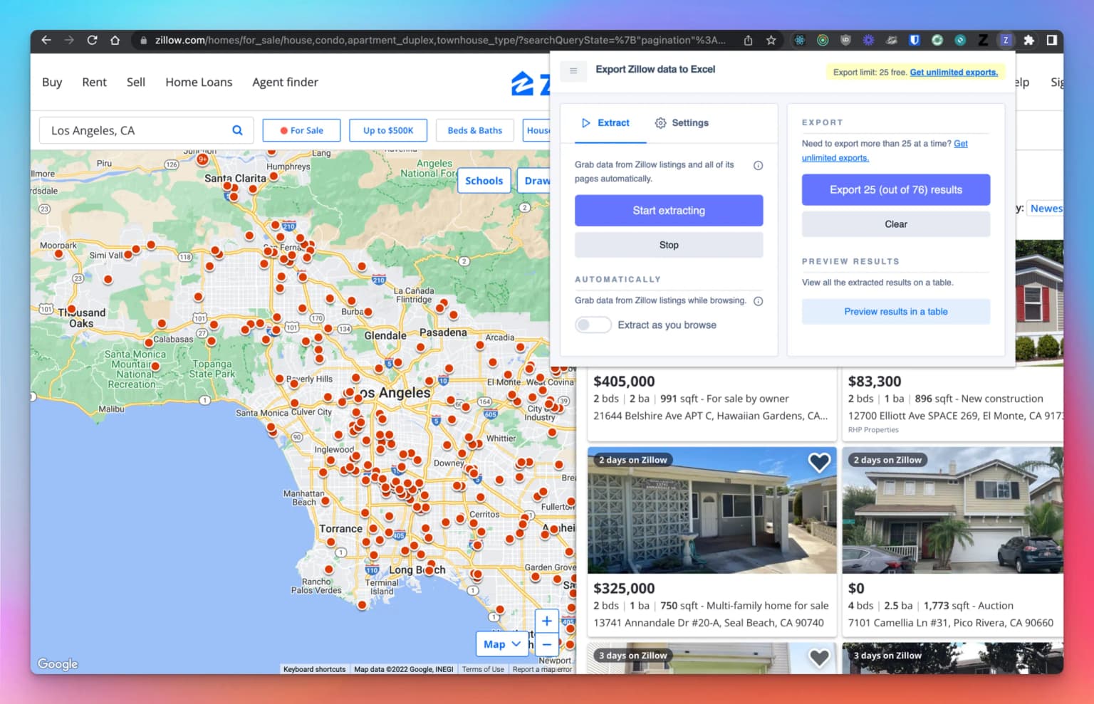 Export Zillow data to Excel extension