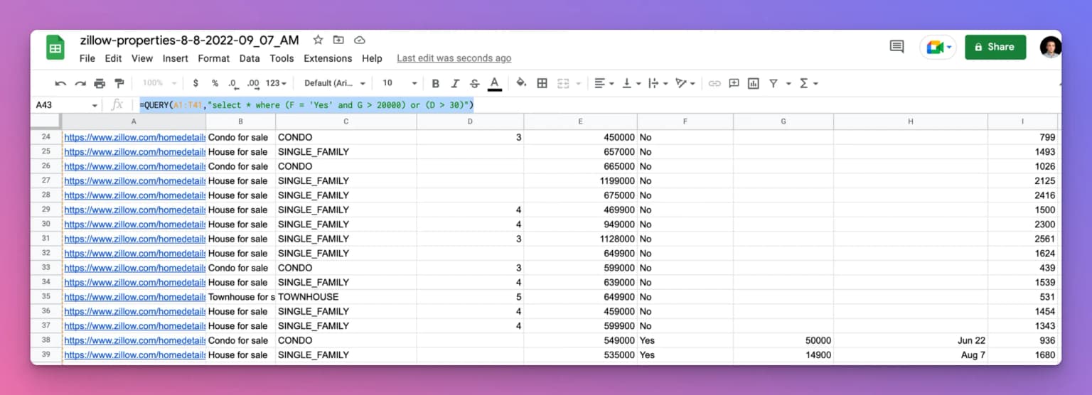 Query input in google sheets