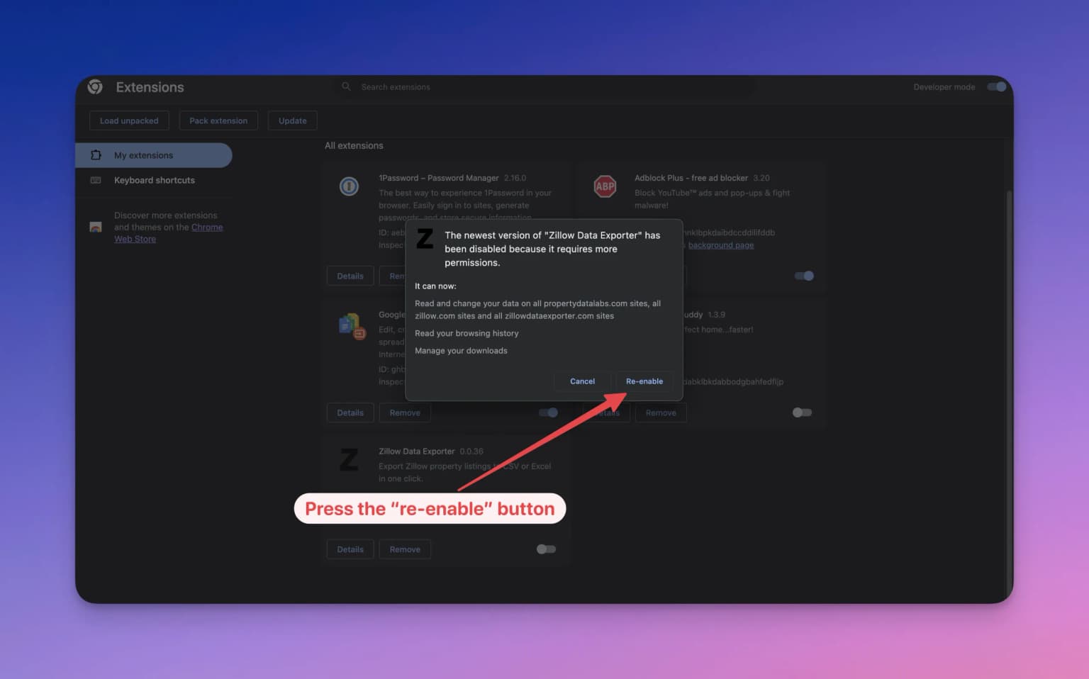 the re-enable button
