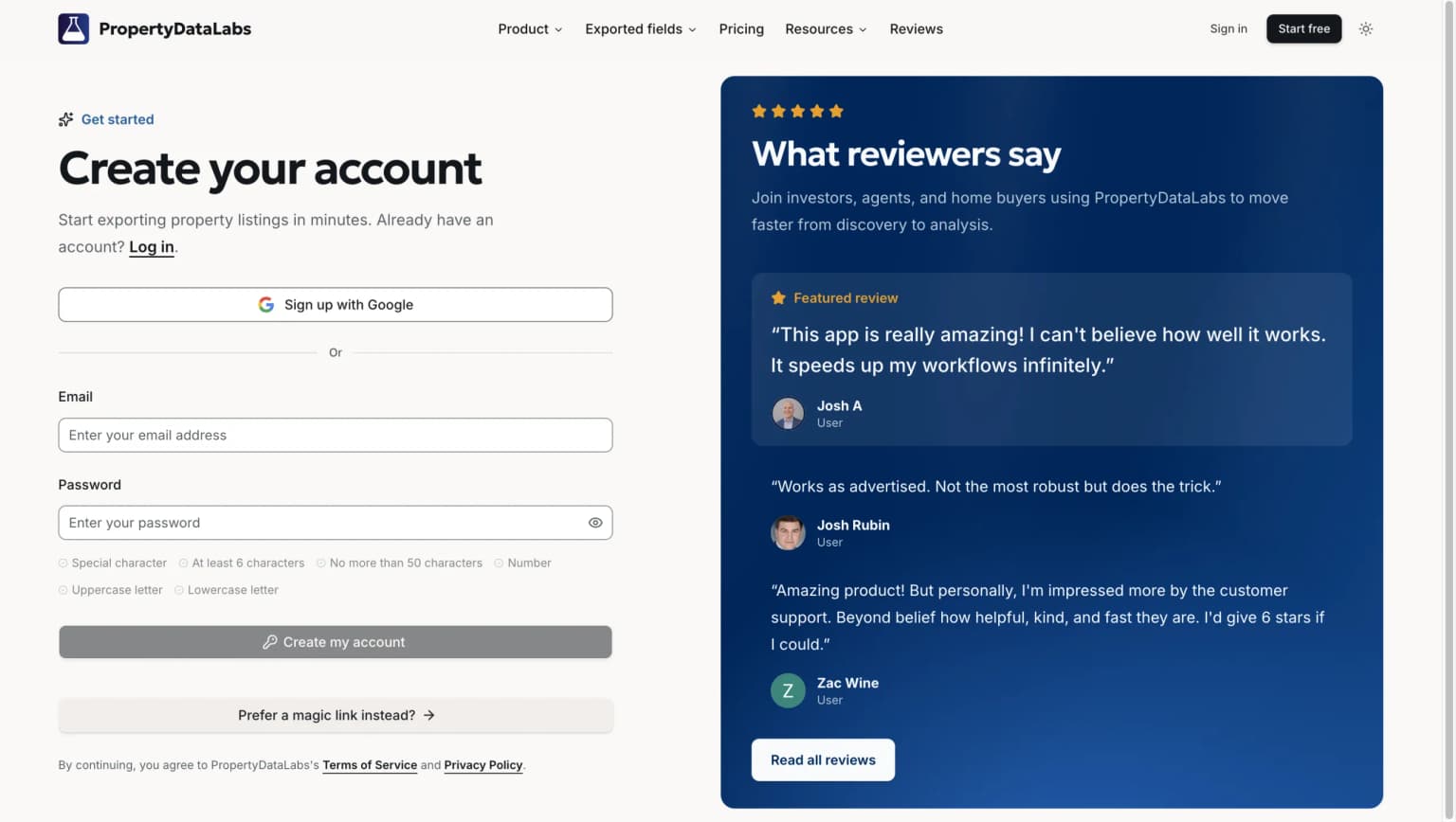 Sign up page of Zillow Data Exporter