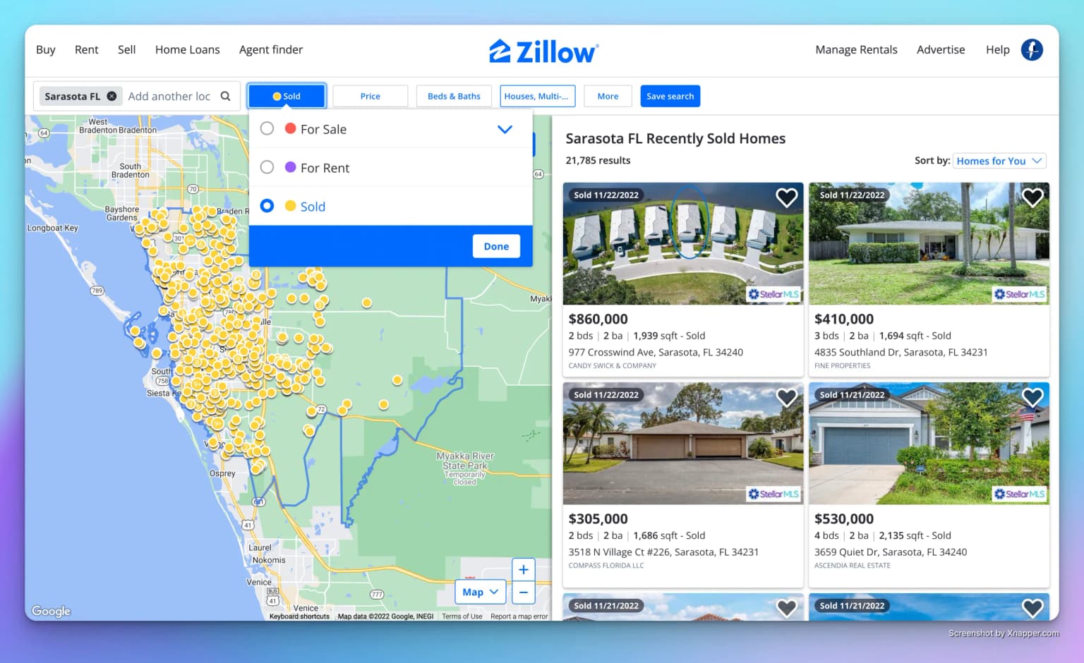 Zillow with the sold category selected