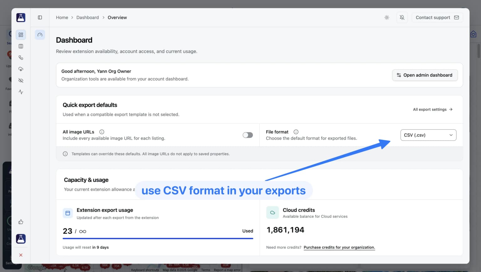 Export Zillow Data Exporter extension format dropdown (csv choice)