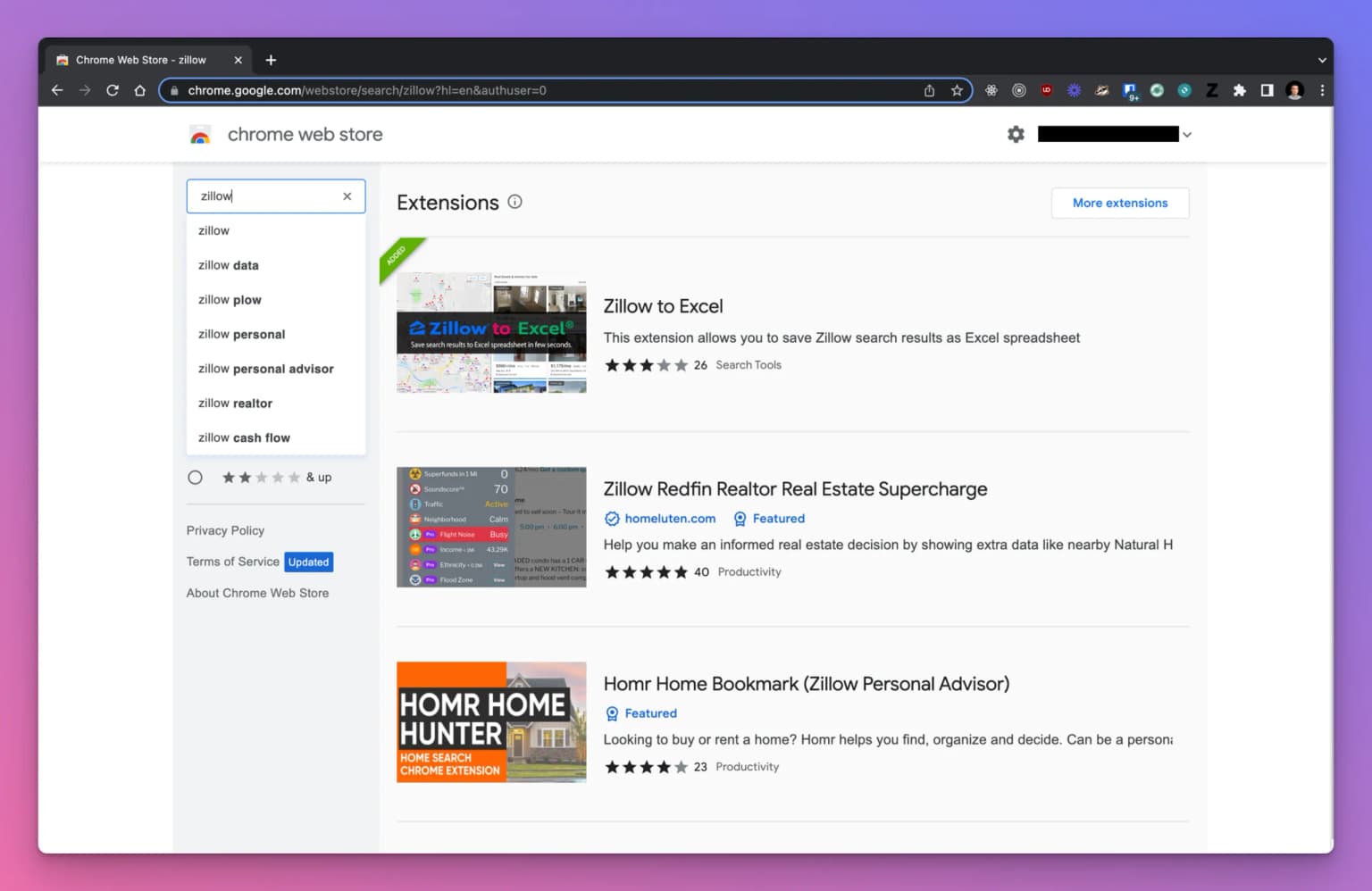 Chrome store results