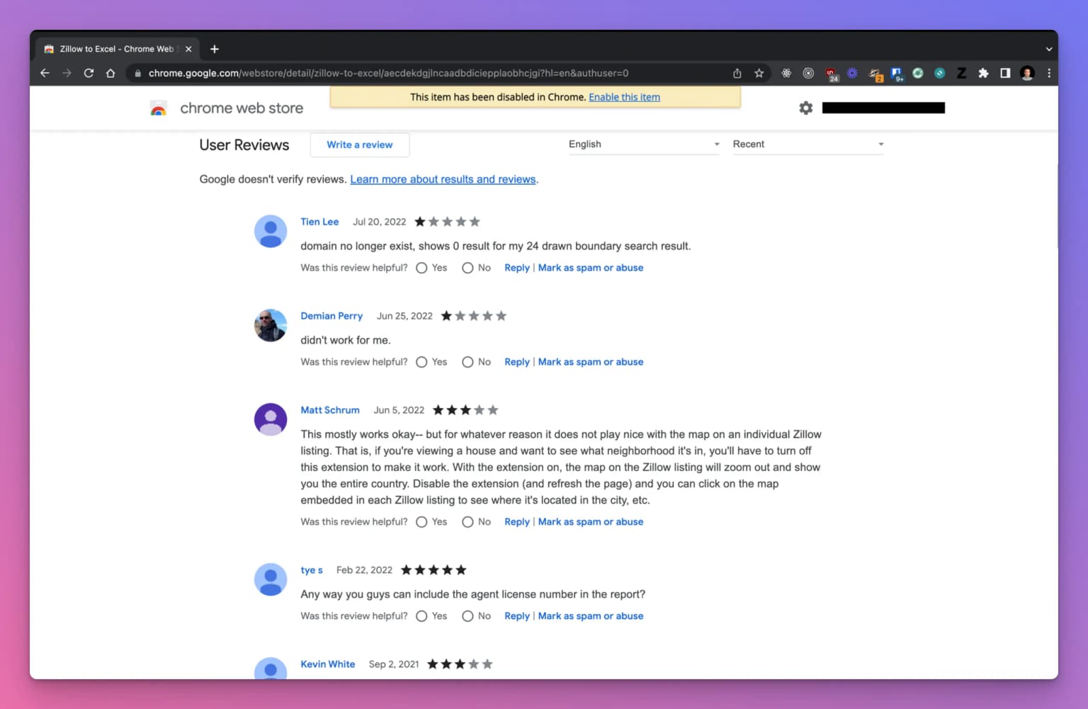The reviews of Zillow to Excel